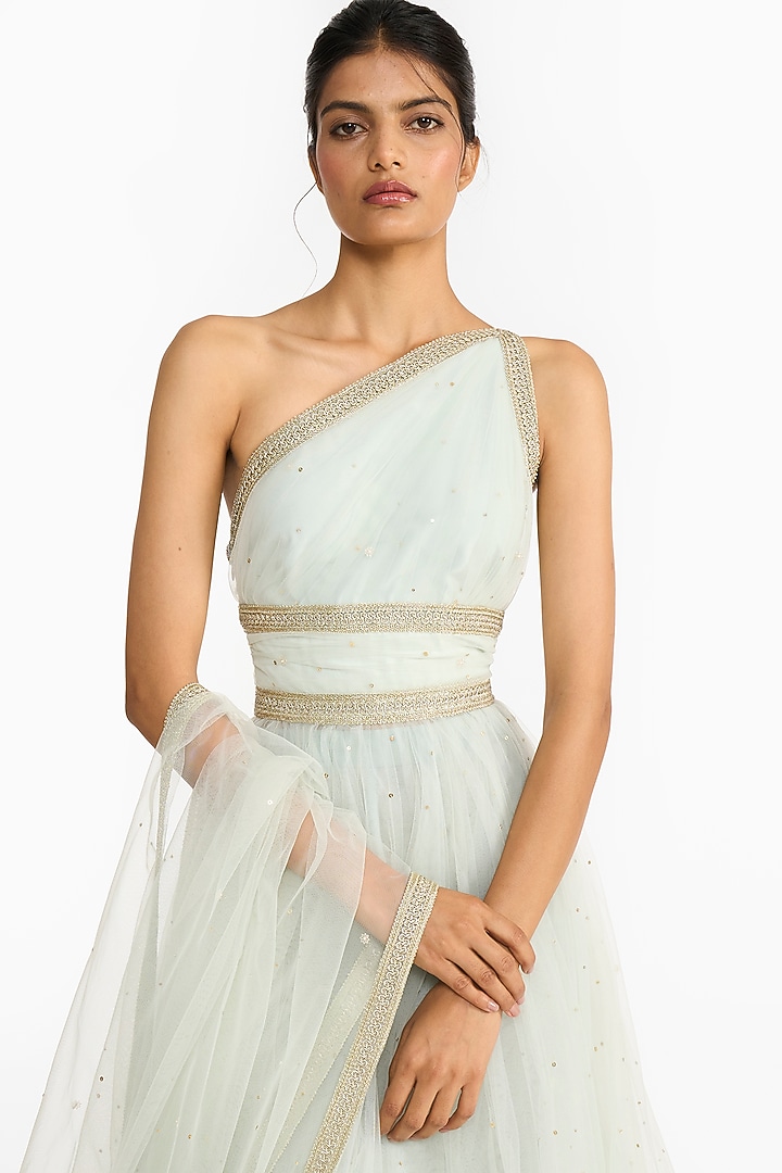 Sea Green Tulle One Shoulder Bridal Anarkali Set by Gauri And Nainika at Pernia's Pop Up Shop