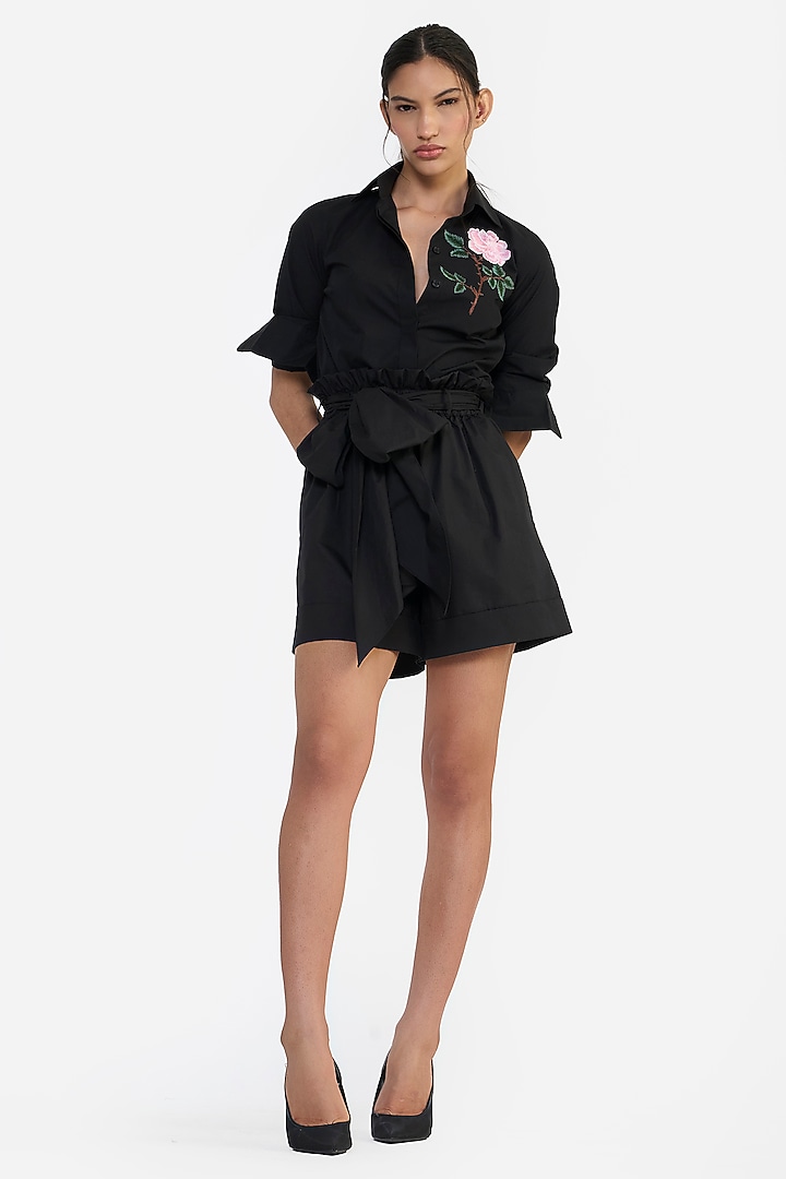 Black Cotton Paperbag Shorts With Belt by Gauri And Nainika at Pernia's Pop Up Shop