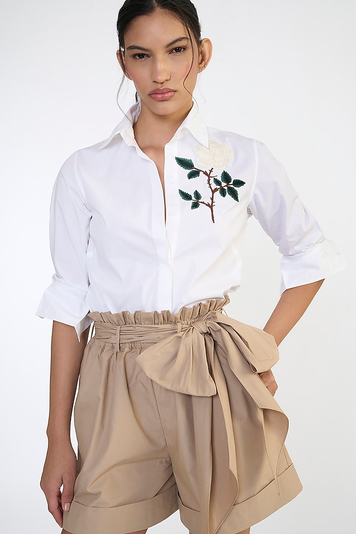 Khaki Cotton Paperbag Shorts With Belt by Gauri And Nainika at Pernia's Pop Up Shop