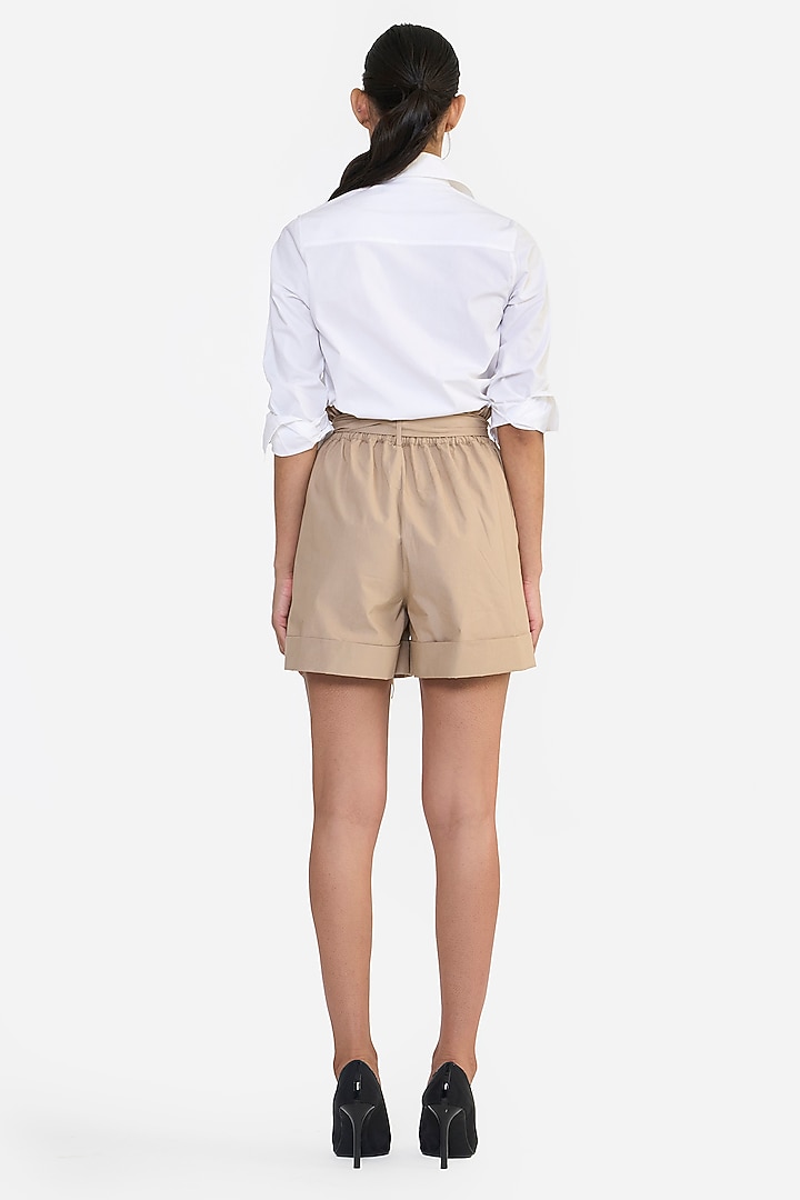 Khaki Cotton Paperbag Shorts With Belt by Gauri And Nainika at Pernia's Pop Up Shop