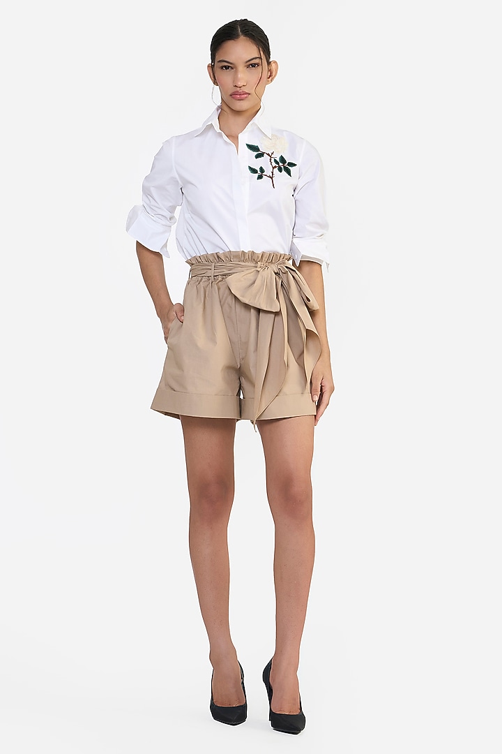 Khaki Cotton Paperbag Shorts With Belt by Gauri And Nainika at Pernia's Pop Up Shop