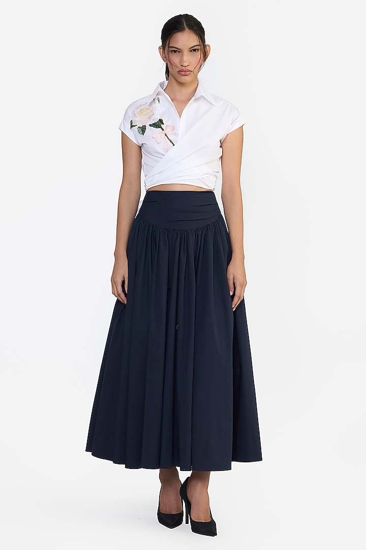 Navy Cotton Draped Midi Skirt by Gauri And Nainika at Pernia's Pop Up Shop