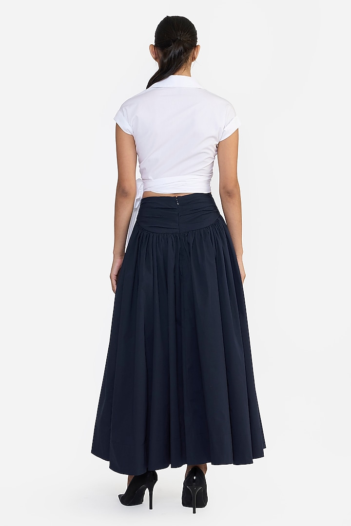 Navy Cotton Draped Midi Skirt by Gauri And Nainika at Pernia's Pop Up Shop