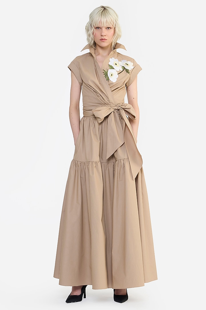 Khaki Cotton Thread Embroidered Wrap-Around Shirt by Gauri and Nainika at Pernia's Pop Up Shop