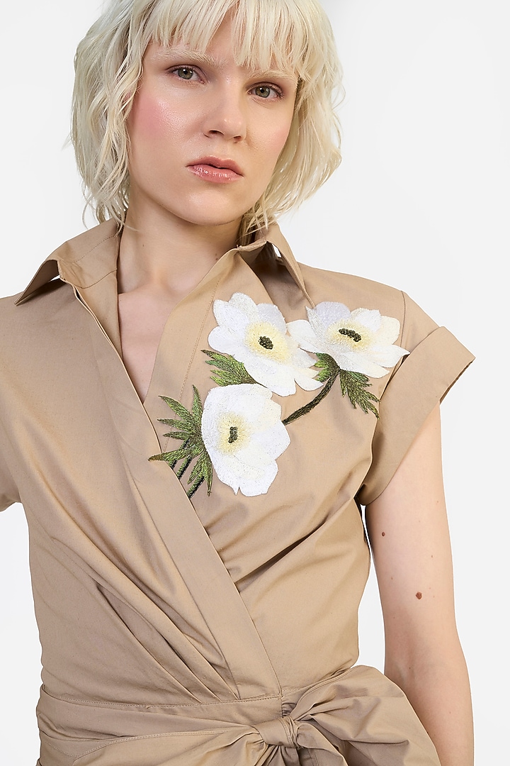 Khaki Cotton Thread Embroidered Wrap-Around Shirt by Gauri and Nainika at Pernia's Pop Up Shop