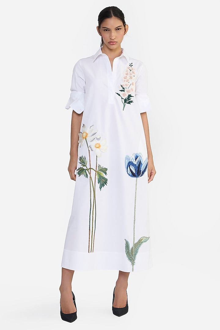 White Cotton Thread Embroidered A-Line Cocktail Shirt Dress by Gauri and Nainika at Pernia's Pop Up Shop