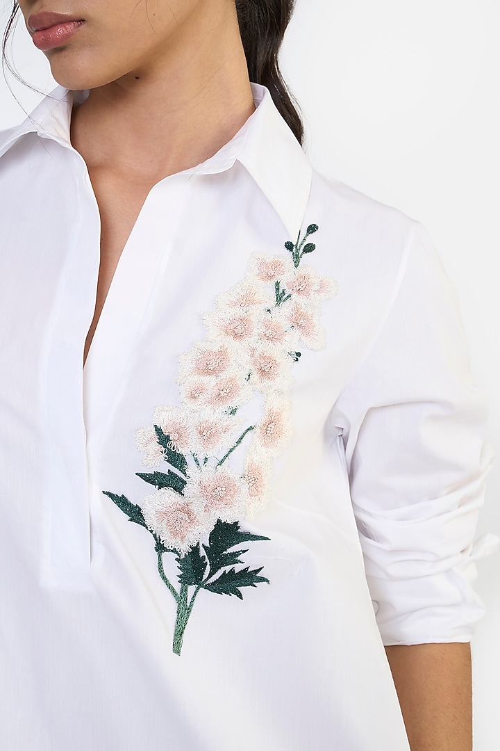 White Cotton Thread Embroidered A-Line Cocktail Shirt Dress by Gauri and Nainika at Pernia's Pop Up Shop