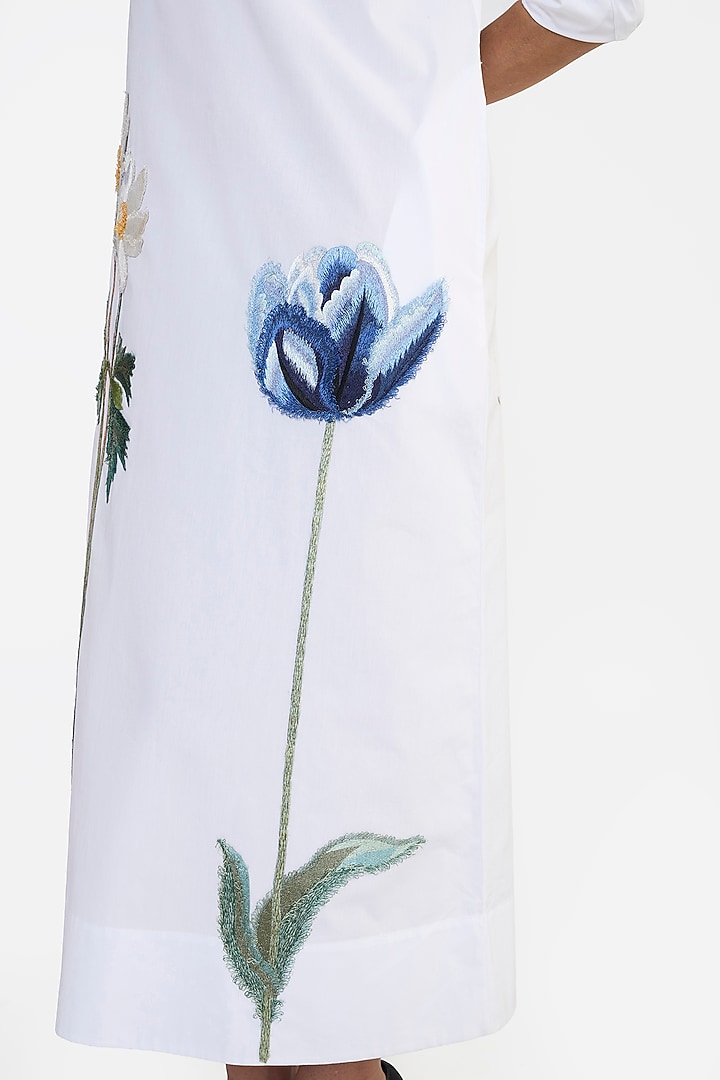 White Cotton Thread Embroidered A-Line Cocktail Shirt Dress by Gauri and Nainika at Pernia's Pop Up Shop