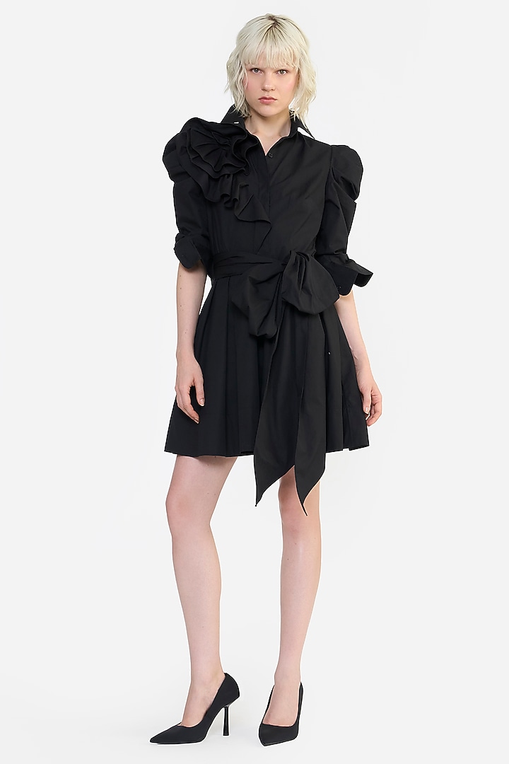 Black Cotton Ruffled Mini Cocktail Shirt Dress by Gauri and Nainika at Pernia's Pop Up Shop