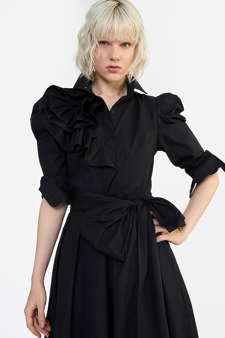 Black Cotton Ruffled Mini Cocktail Shirt Dress by Gauri and Nainika at Pernia's Pop Up Shop