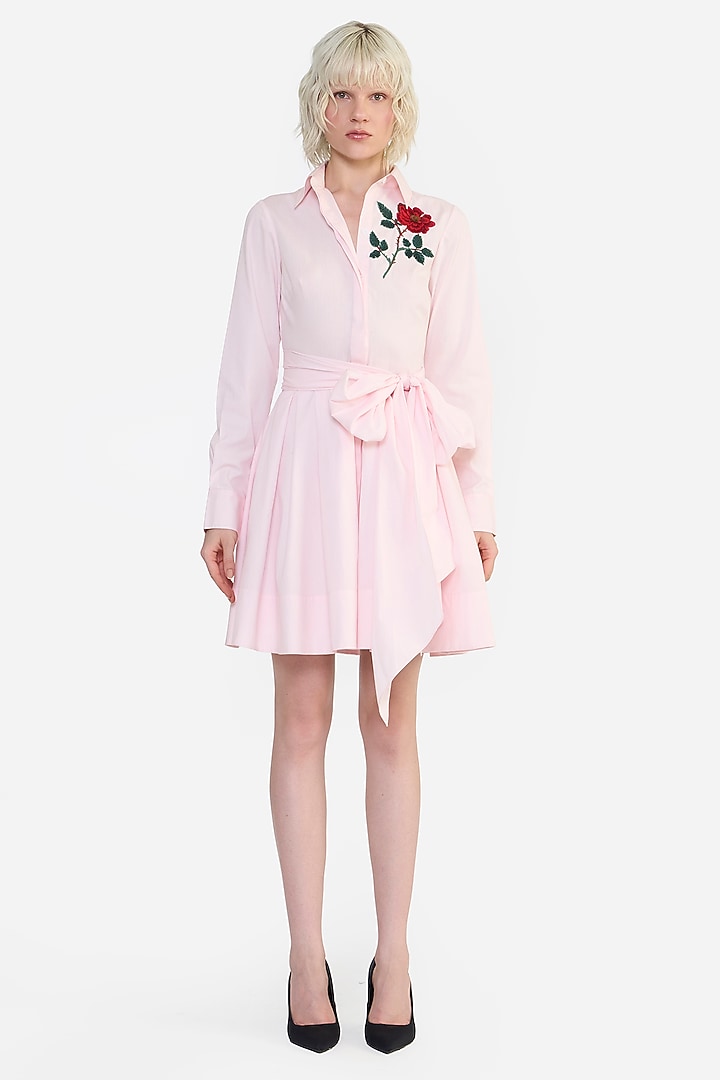Pink Cotton Thread Embroidered Mini Cocktail Shirt Dress by Gauri and Nainika at Pernia's Pop Up Shop