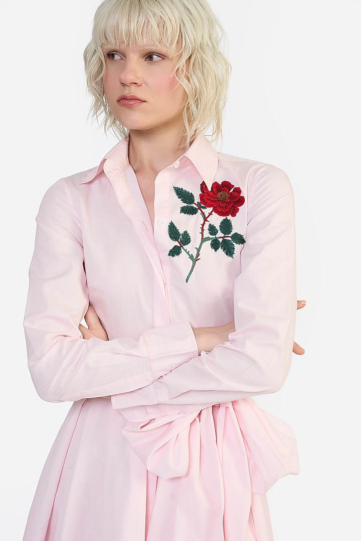 Pink Cotton Thread Embroidered Mini Cocktail Shirt Dress by Gauri and Nainika at Pernia's Pop Up Shop