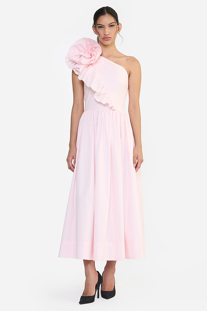 Pink Cotton Midi One-Shoulder Cocktail Dress by Gauri and Nainika at Pernia's Pop Up Shop