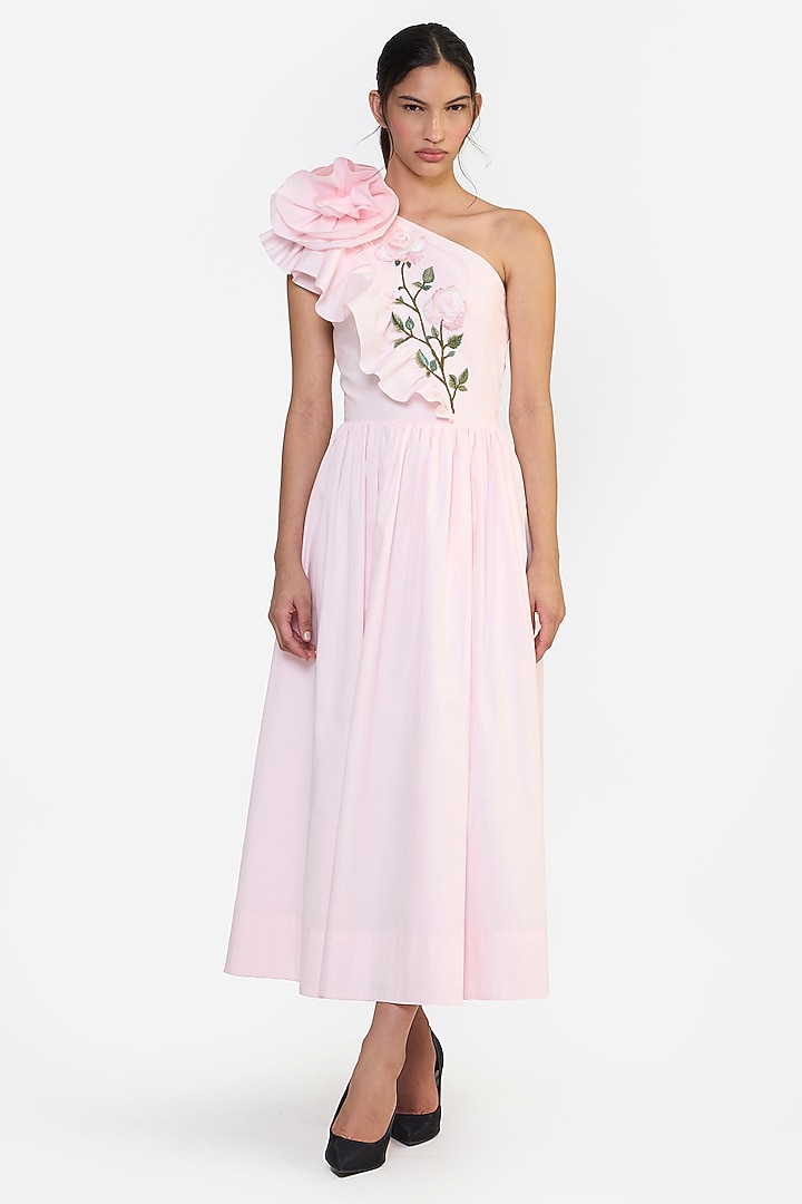 Pink Cotton Thread Embroidered Midi One-Shoulder Draped Cocktail Dress by Gauri and Nainika at Pernia's Pop Up Shop