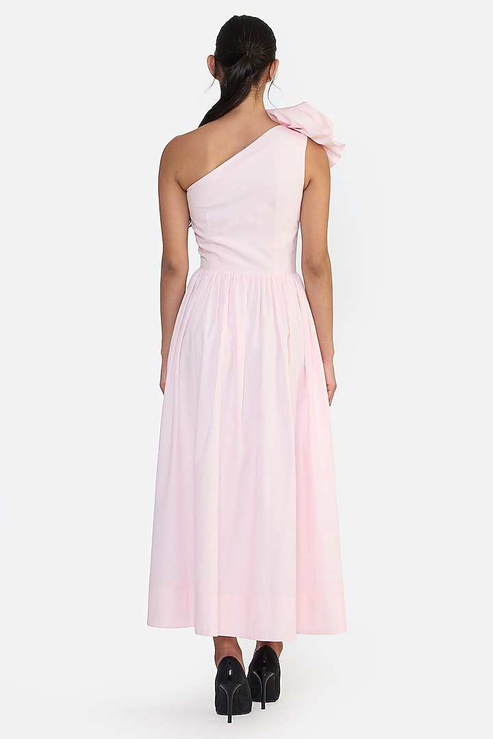 Pink Cotton Thread Embroidered Midi One-Shoulder Draped Cocktail Dress by Gauri and Nainika at Pernia's Pop Up Shop