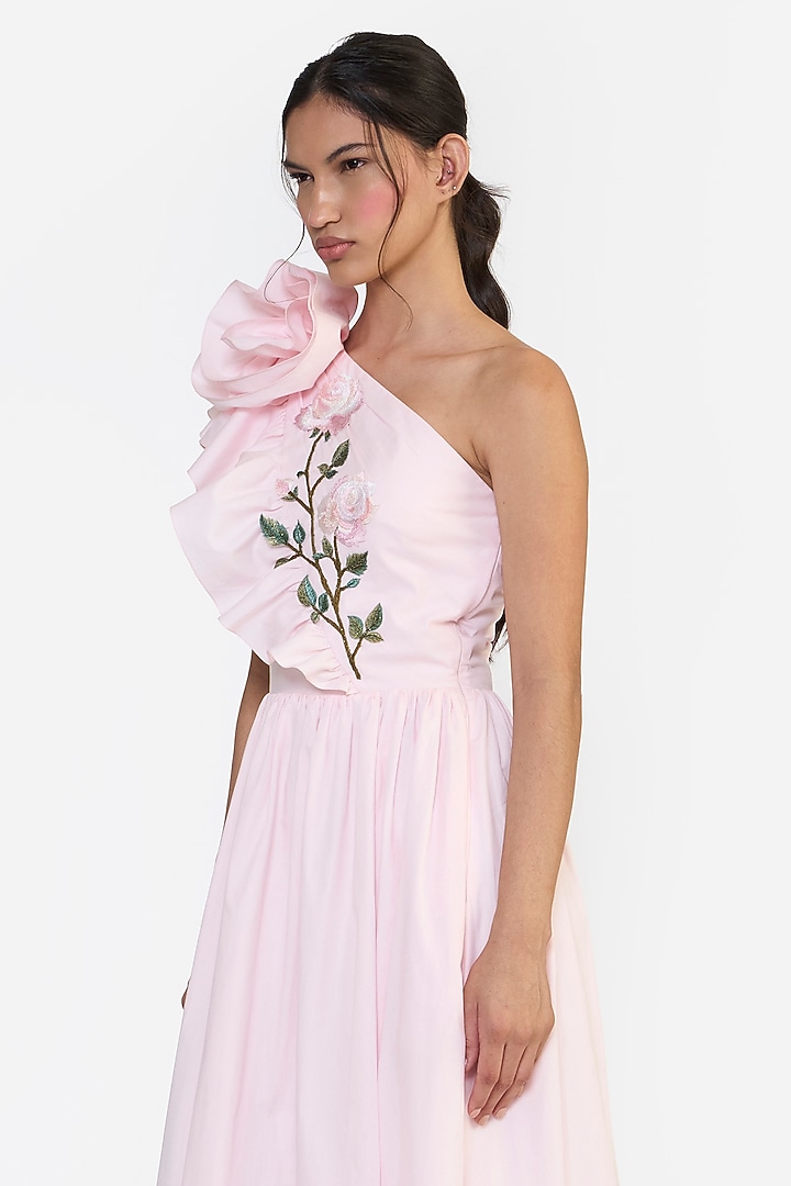 Pink Cotton Thread Embroidered Midi One-Shoulder Draped Cocktail Dress by Gauri and Nainika at Pernia's Pop Up Shop