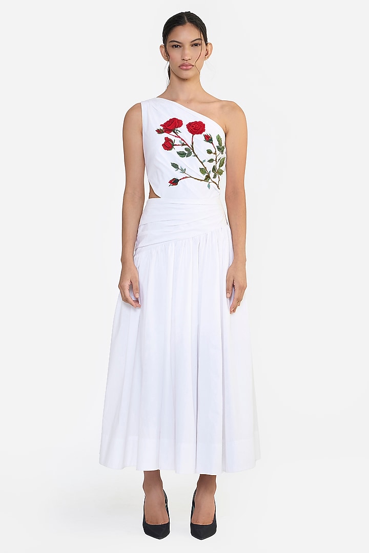 White Cotton Thread Embroidered One-Shoulder Draped Midi Party Wear Dress by Gauri and Nainika at Pernia's Pop Up Shop