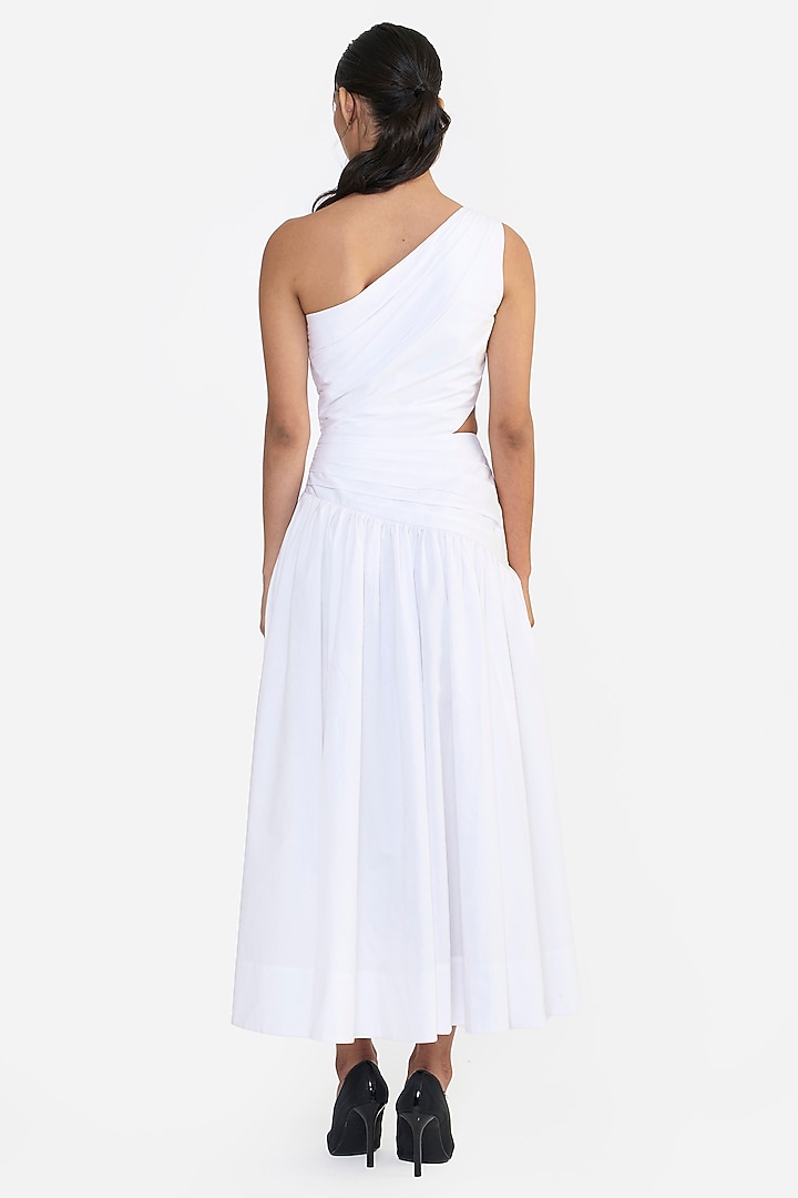 White Cotton Thread Embroidered One-Shoulder Draped Midi Party Wear Dress by Gauri and Nainika at Pernia's Pop Up Shop