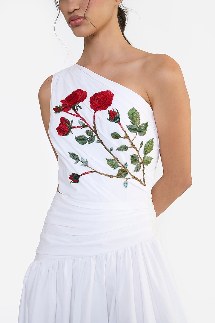 White Cotton Thread Embroidered One-Shoulder Draped Midi Party Wear Dress by Gauri and Nainika at Pernia's Pop Up Shop