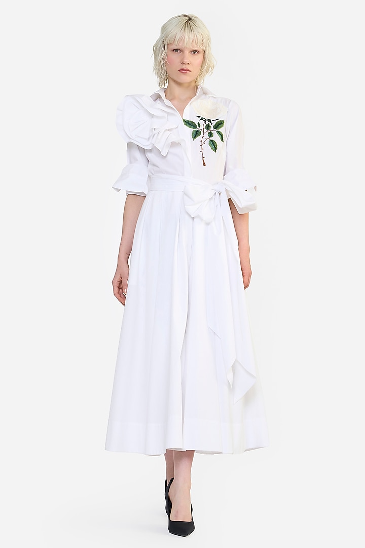 White Cotton Thread Embroidered Party Wear Shirt Dress by Gauri and Nainika at Pernia's Pop Up Shop