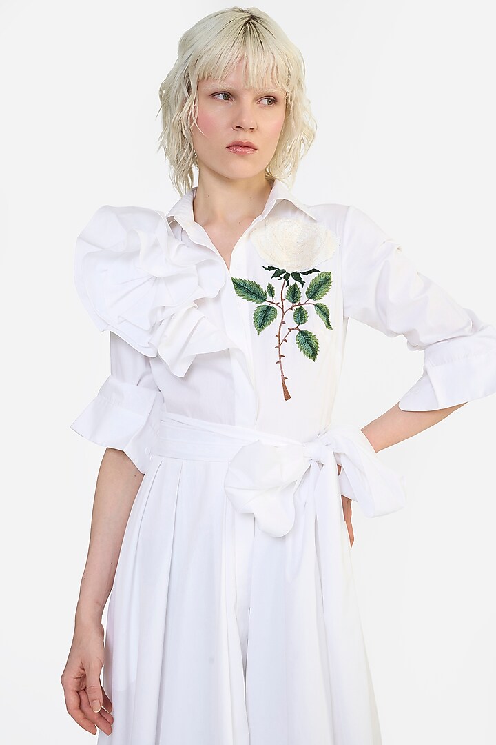 White Cotton Thread Embroidered Party Wear Shirt Dress by Gauri and Nainika at Pernia's Pop Up Shop