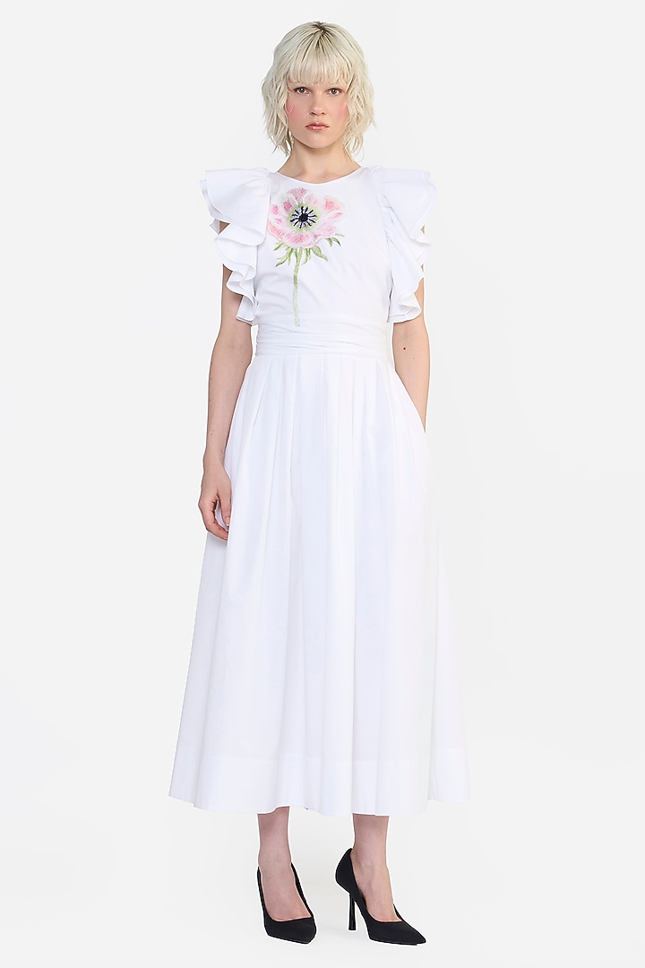 White Cotton Thread Embroidered Midi Cocktail Shirt Dress by Gauri and Nainika at Pernia's Pop Up Shop