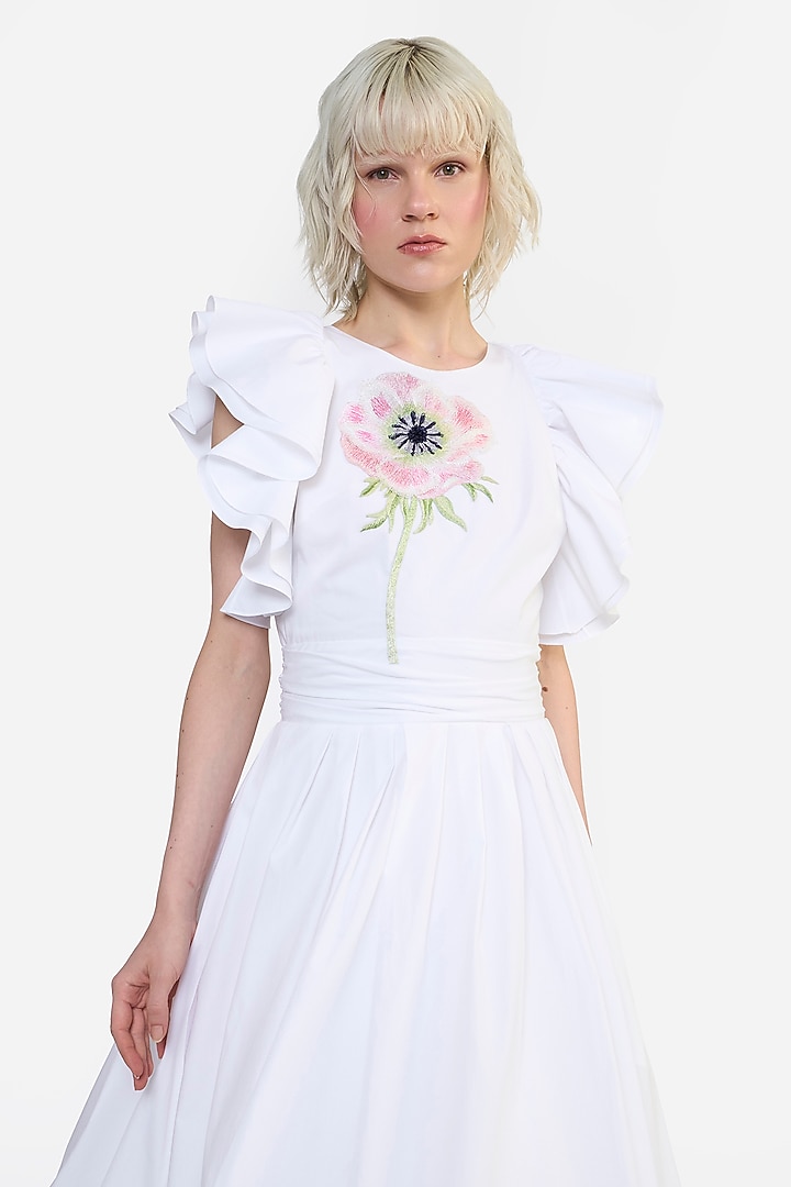 White Cotton Thread Embroidered Midi Cocktail Shirt Dress by Gauri and Nainika at Pernia's Pop Up Shop