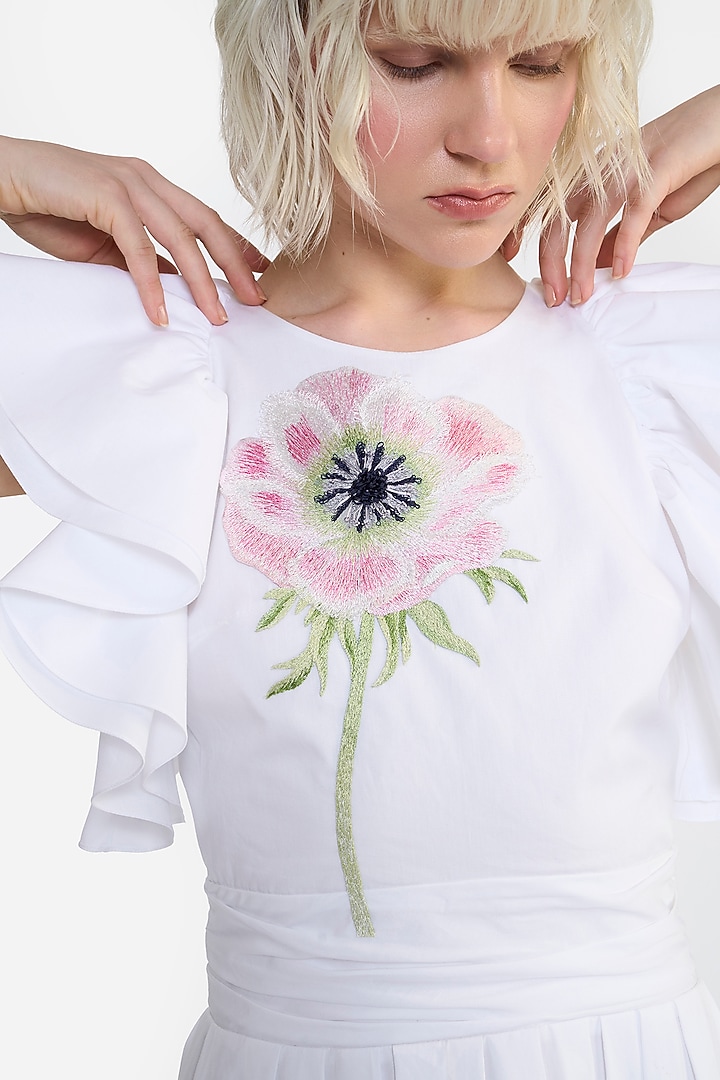 White Cotton Thread Embroidered Midi Cocktail Shirt Dress by Gauri and Nainika at Pernia's Pop Up Shop