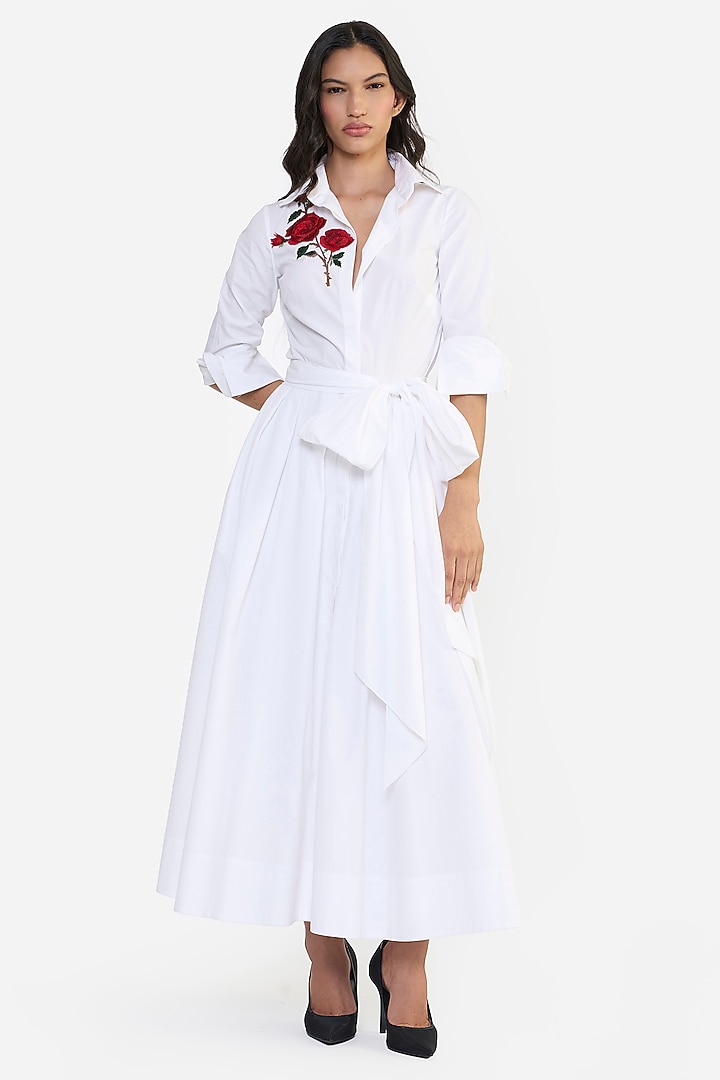 White Cotton Thread Embroidered Cocktail Shirt Dress by Gauri and Nainika at Pernia's Pop Up Shop