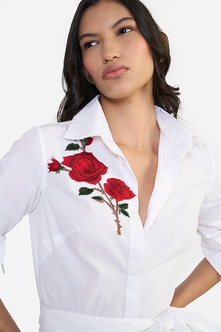 White Cotton Thread Embroidered Cocktail Shirt Dress by Gauri and Nainika at Pernia's Pop Up Shop