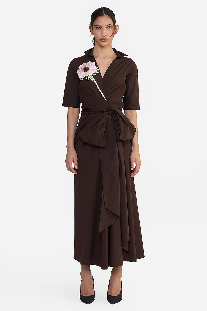 Brown Cotton Thread Embroidered Cocktail Shirt Dress by Gauri and Nainika at Pernia's Pop Up Shop