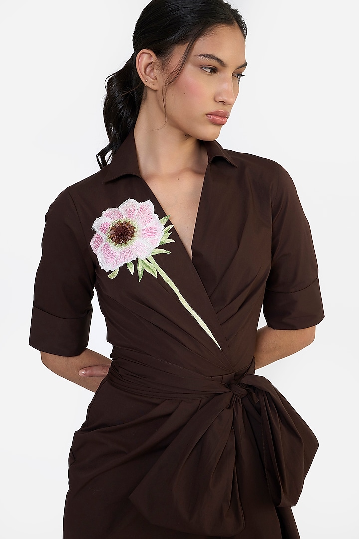 Brown Cotton Thread Embroidered Cocktail Shirt Dress by Gauri and Nainika at Pernia's Pop Up Shop