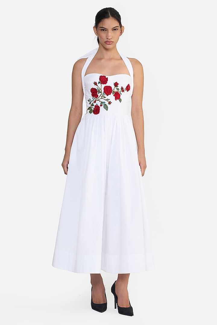 White Cotton Thread Embroidered Midi Party Wear Dress by Gauri and Nainika at Pernia's Pop Up Shop