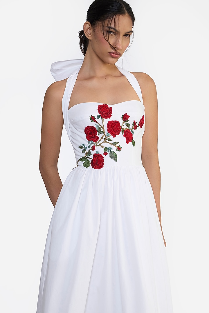 White Cotton Thread Embroidered Midi Party Wear Dress by Gauri and Nainika at Pernia's Pop Up Shop