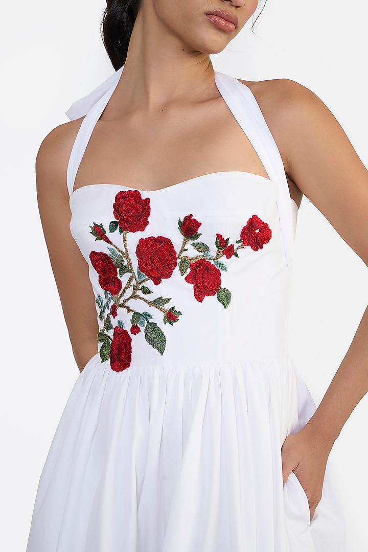 White Cotton Thread Embroidered Midi Party Wear Dress by Gauri and Nainika at Pernia's Pop Up Shop