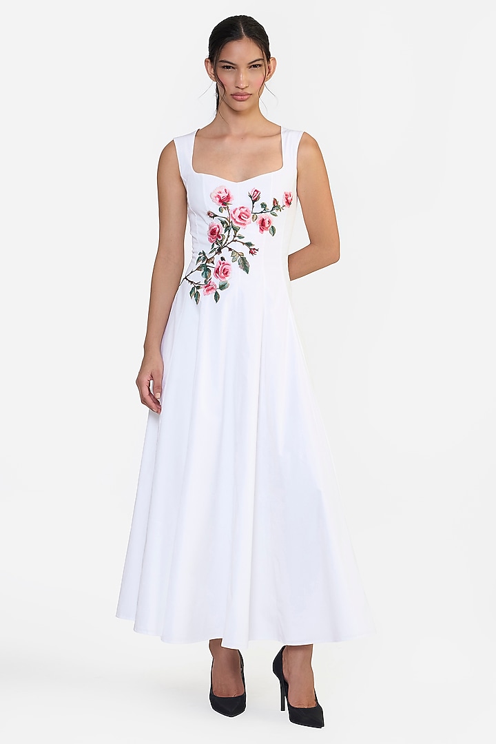 White Cotton Thread Embroidered Midi Party Wear Dress by Gauri and Nainika at Pernia's Pop Up Shop