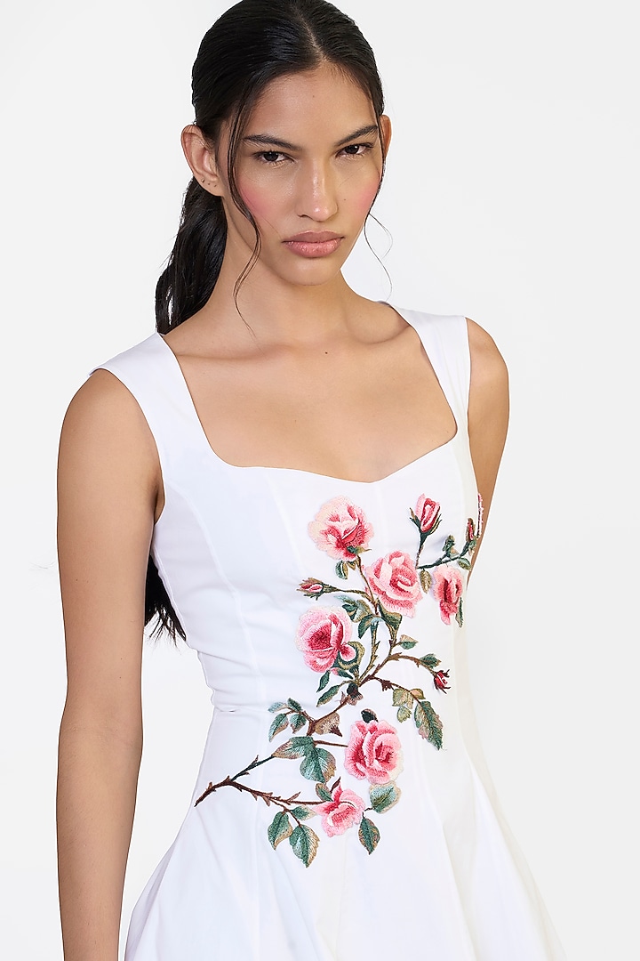 White Cotton Thread Embroidered Midi Party Wear Dress by Gauri and Nainika at Pernia's Pop Up Shop
