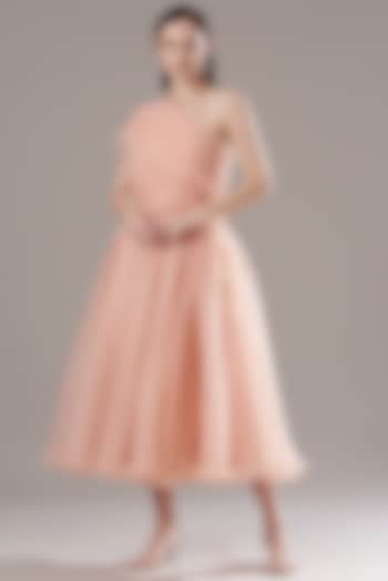 Peach Organza One Shoulder Midi Dress by Gauri And Nainika