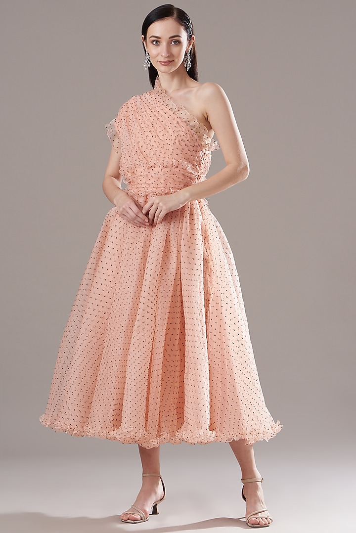 Peach Organza One Shoulder Midi Dress by Gauri And Nainika