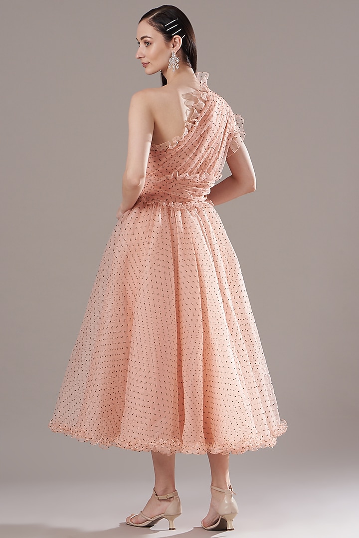 Peach Organza One Shoulder Midi Party Wear Dress by Gauri And Nainika at Pernia's Pop Up Shop