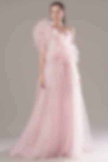 Light Pink Organza One Shoulder Gown by Gauri And Nainika