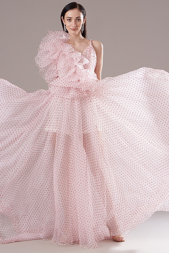 Light Pink Organza One Shoulder Gown by Gauri And Nainika at Pernia's Pop Up Shop