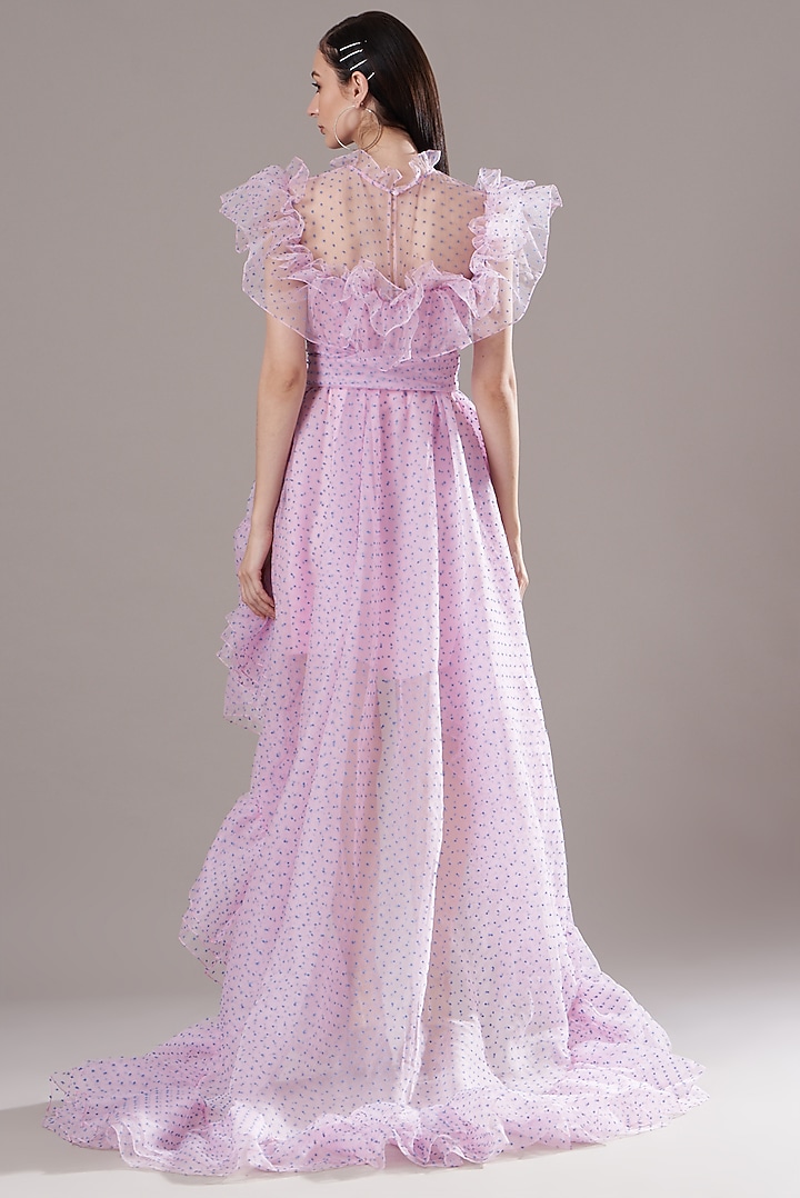 Mauve Dotted Organza Party Wear Dress by Gauri And Nainika at Pernia's Pop Up Shop
