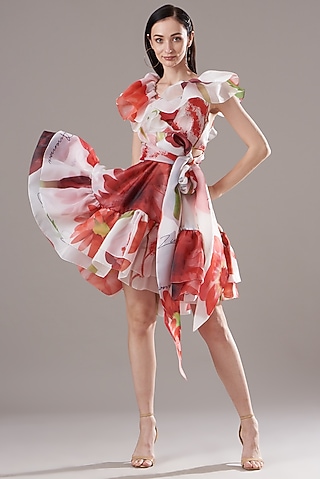White & Red Organza Botanical Printed Dress by Gauri And Nainika