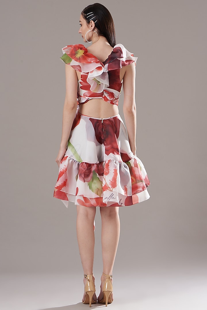 White & Red Organza Botanical Printed Party Wear Dress by Gauri And Nainika at Pernia's Pop Up Shop