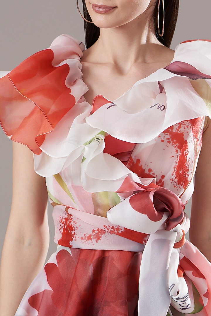 White & Red Organza Botanical Printed Party Wear Dress by Gauri And Nainika at Pernia's Pop Up Shop