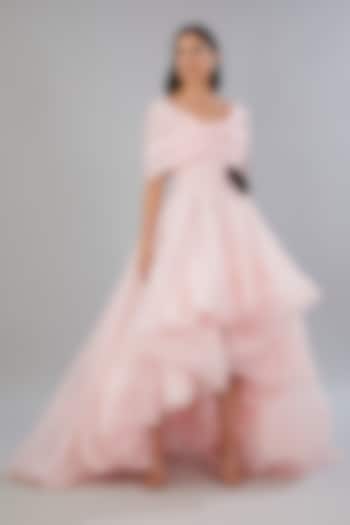 Pink Organza High-Low Off-Shoulder Dress by Gauri And Nainika