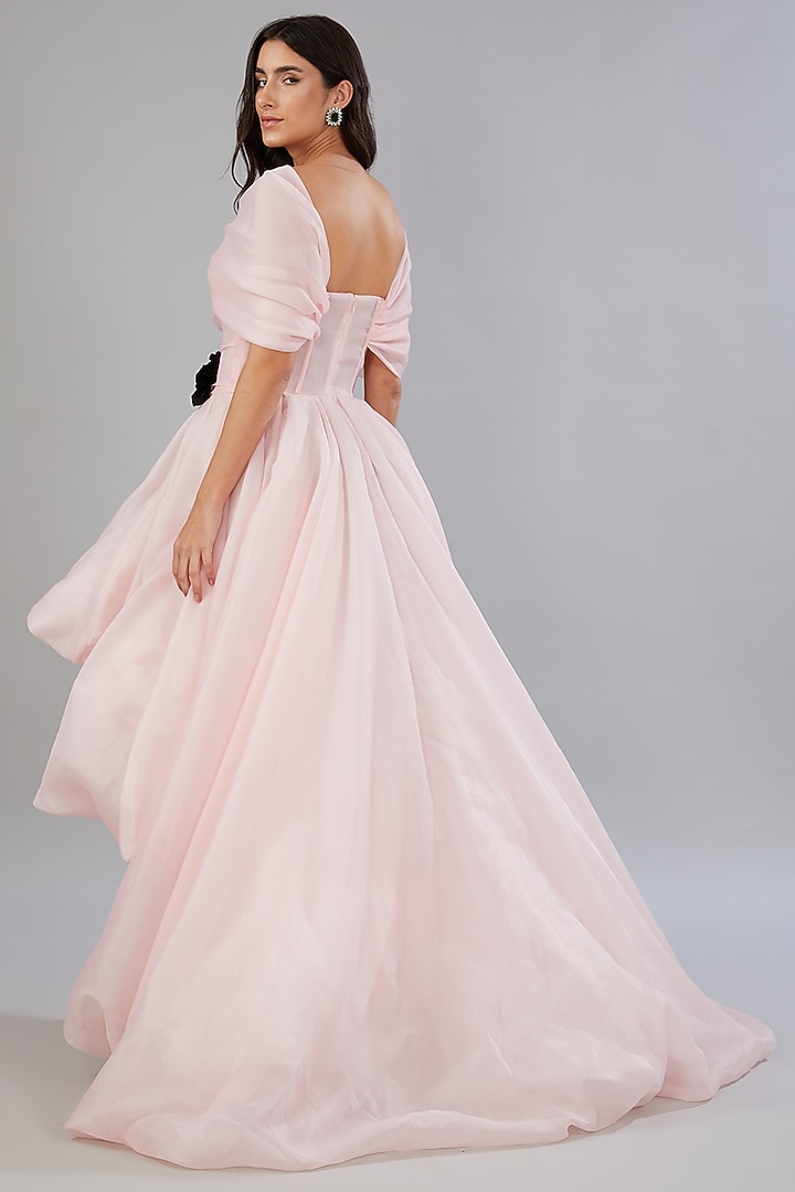 Pink Organza High-Low Off-Shoulder Party Wear Dress by Gauri And Nainika at Pernia's Pop Up Shop
