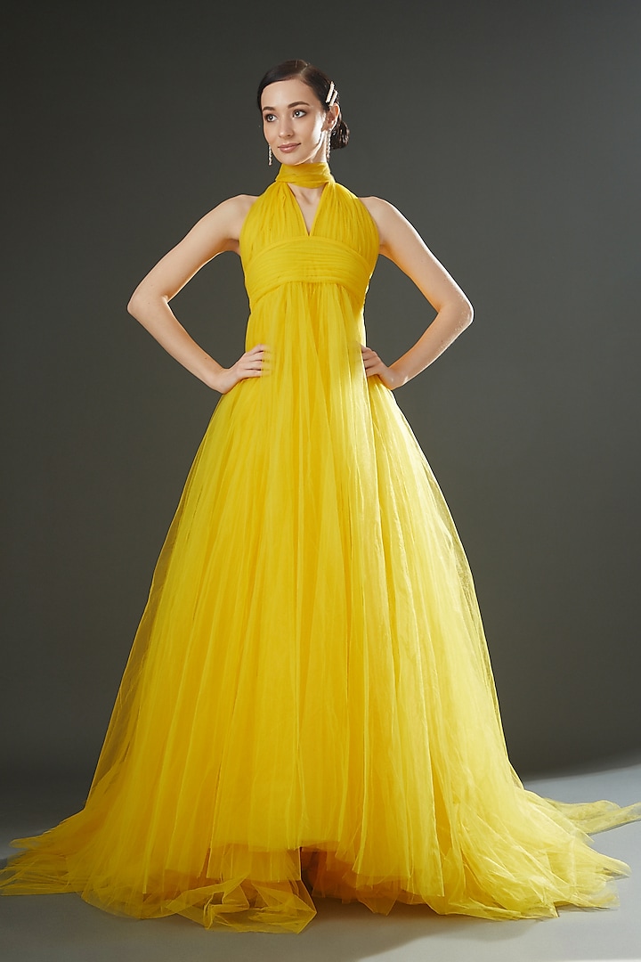 Yellow Net Gown With Cape by Gauri And Nainika