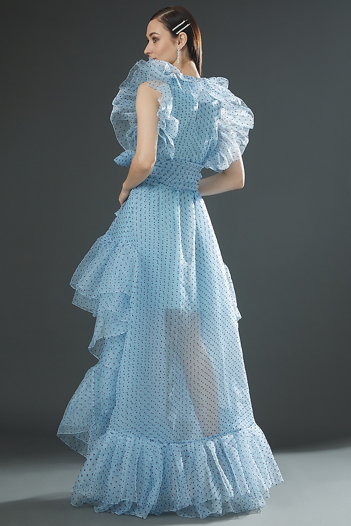 Blue Dotted Organza High-Low Party Wear Dress by Gauri And Nainika at Pernia's Pop Up Shop